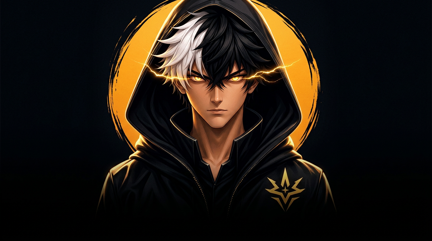AlphaSoul — hooded figure with glowing eyes on a golden emblem